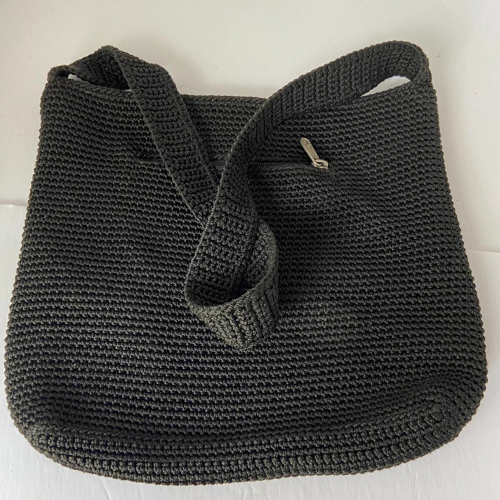 The Sak Crocheted Purse Bag Shoulder Black W/ Back Zip Pocket Zip top
